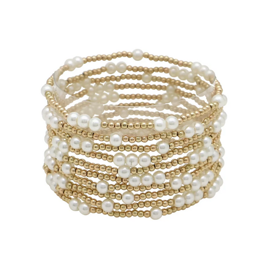 Gold Beaded and Pearl Set of 10 Stretch Bracelet