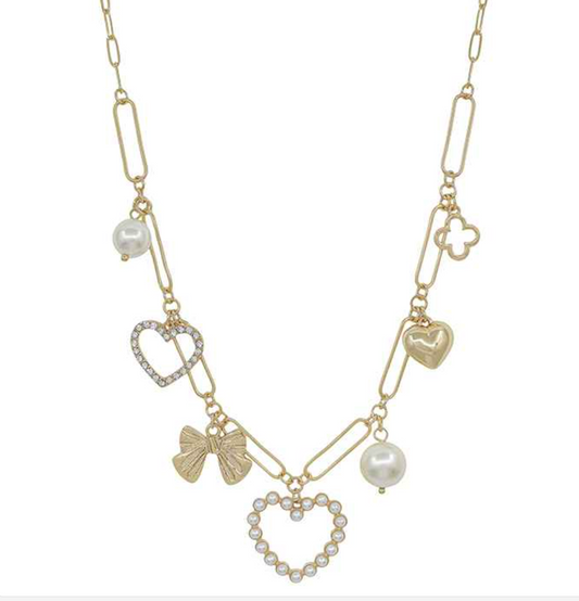 Gold Pearl Heart, Bow, and Pearl Necklace