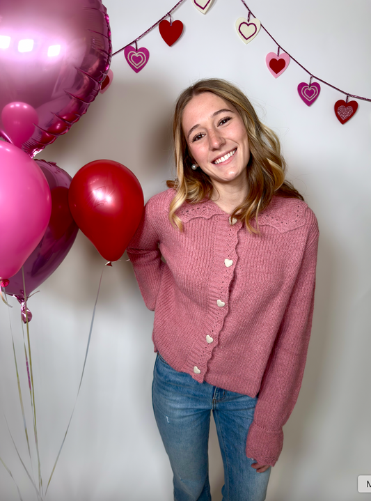 Heart Button Cardigan- MAUVE