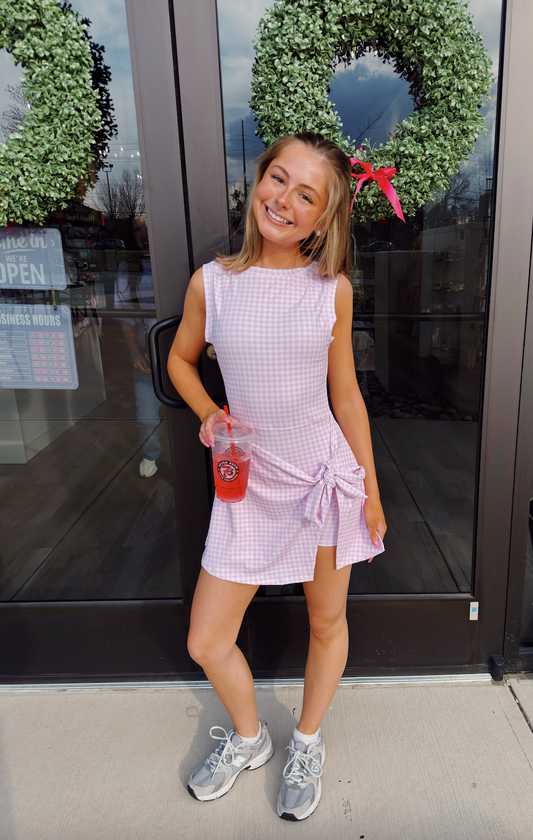 Gingham Wrap Tie Front Dress: BABY PINK
