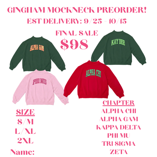 SORORITY GINGHAM MOCKNECK PRE ORDER EST. DELIVERY BY OCT 15