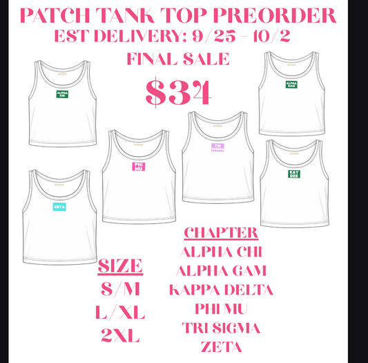 Sorority PATCH TANK TOP PRE ORDER EST ARRIVAL 10/2