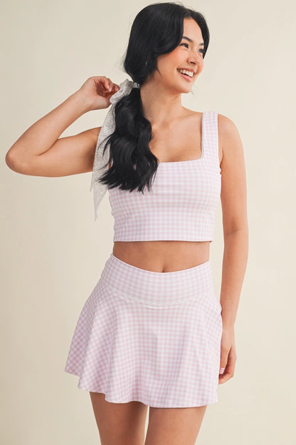 Pink Gingham Lace Trim Skirt Set