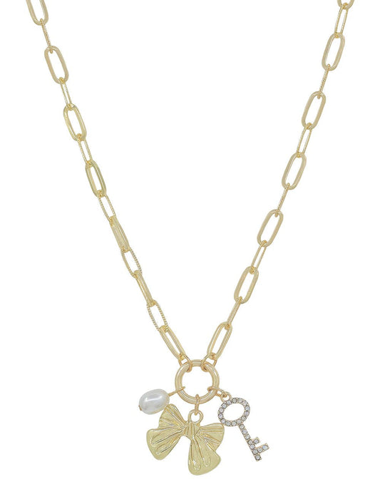 Bow, Key, and Pearl Charm Necklace