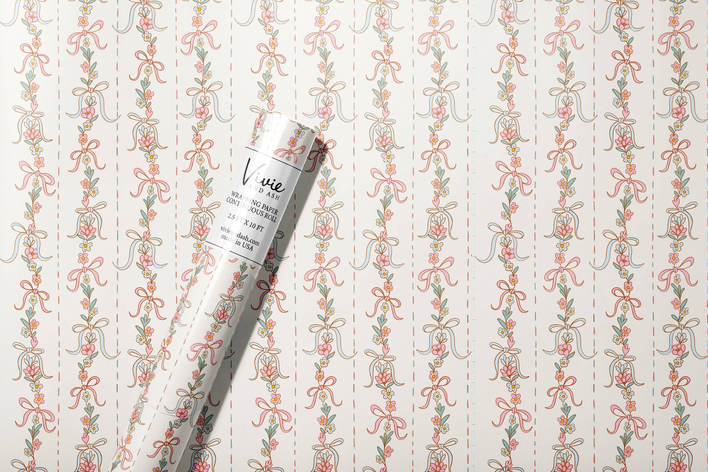 Pink Garland Floral Bow Stripe Wrapping Paper Roll