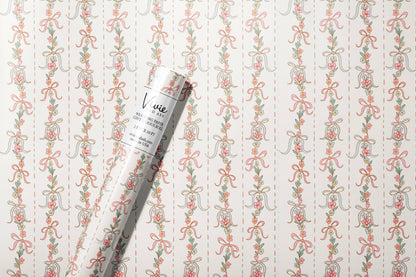 Pink Garland Floral Bow Stripe Wrapping Paper Roll