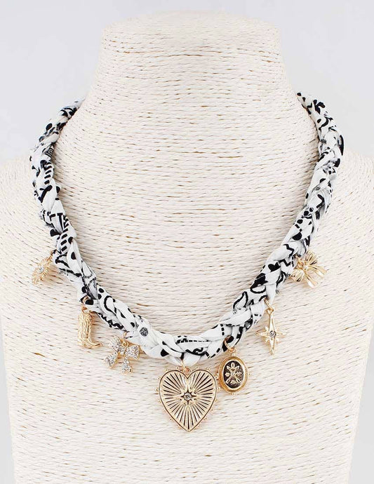 White/Black Scarf Necklace with Heart, Bow, and Boot Charms