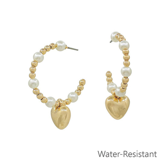 Water Resistant Pearl with Heart Hoop Earring