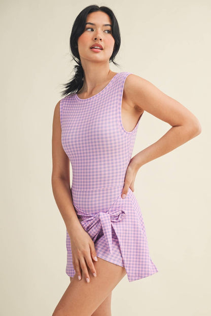Gingham Wrap Tie Dress: PURPLE