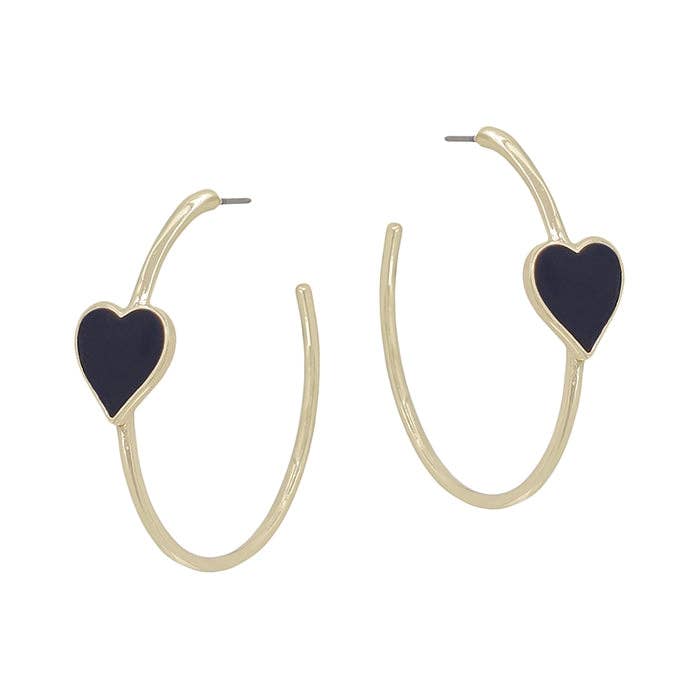 Black Enamel Heart Gold Hoop Earring
