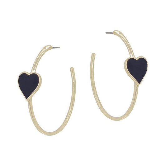 Black Enamel Heart Gold Hoop Earring