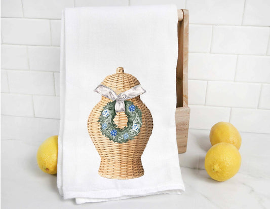 Chinoiserie Holiday Wicker Ginger Jar Tea Towel
