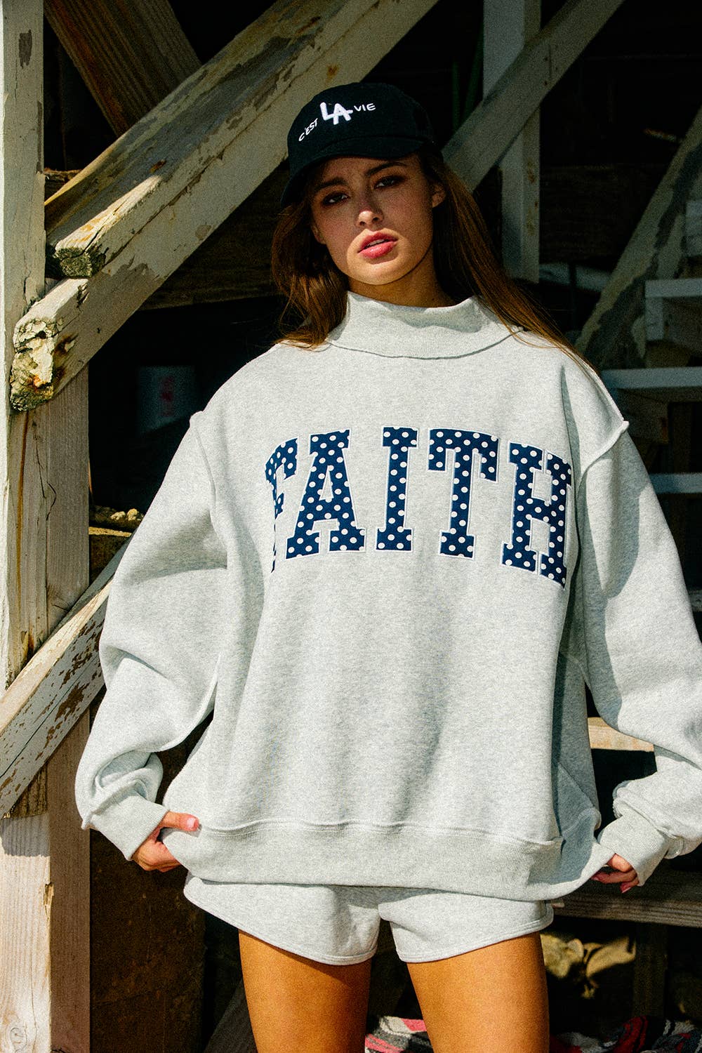 Faith Embroidered Polka-Dot Mock Neck Sweatshirt