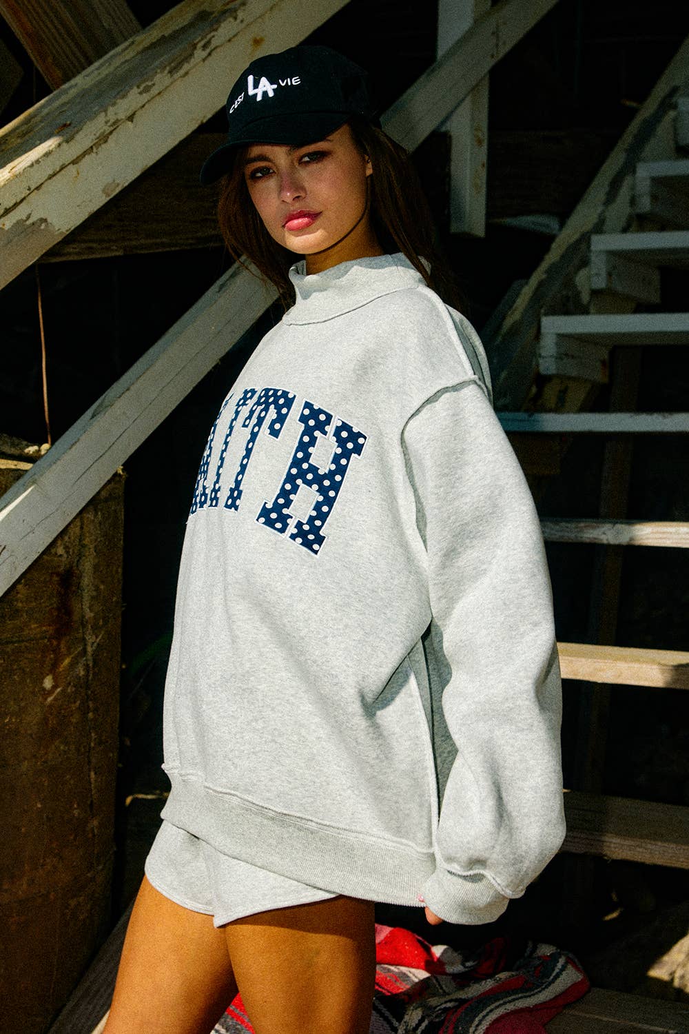 Faith Embroidered Polka-Dot Mock Neck Sweatshirt
