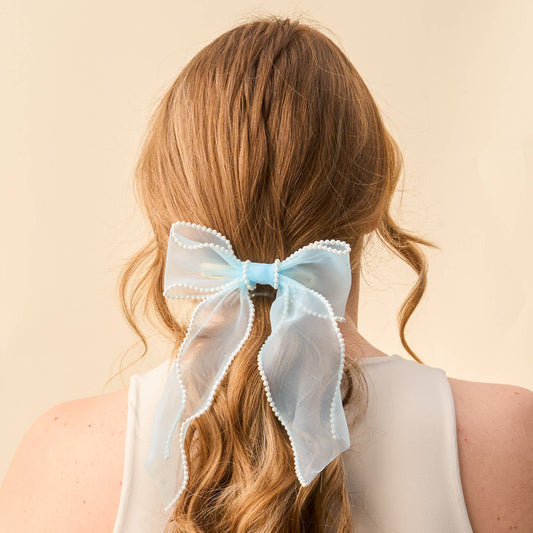 Sheer Pearl Hair Bow-Blue
