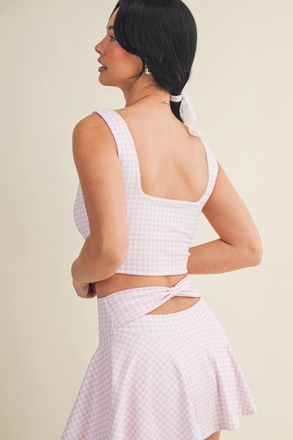 Pink Gingham Lace Trim Skirt Set