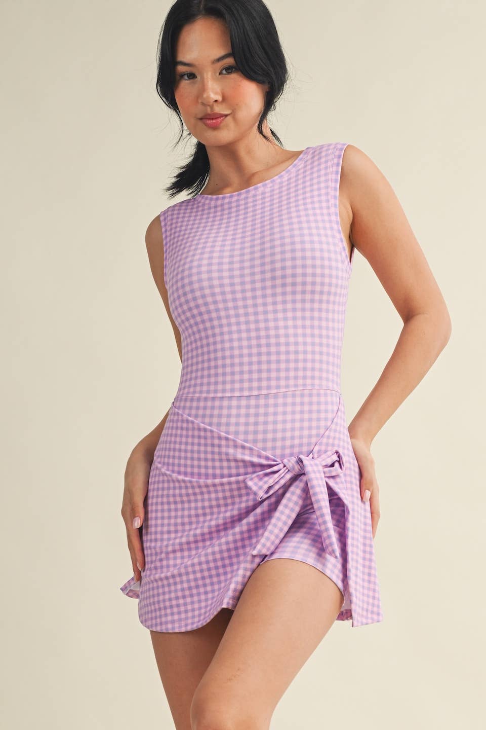 Gingham Wrap Tie Dress: PURPLE