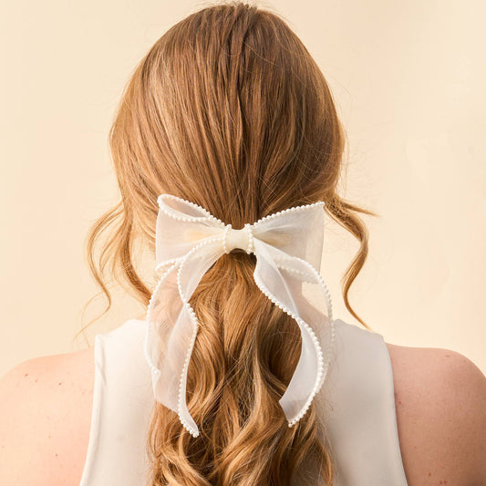 Sheer Pearl Hair Bow-Cream