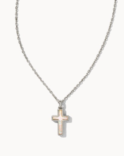 CROSS PENDANT NECKLACE RHODIUM WHITE OPAL