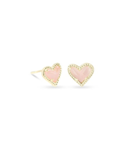 ARI HEART STUD EARRINGS GOLD ROSE QUARTZ
