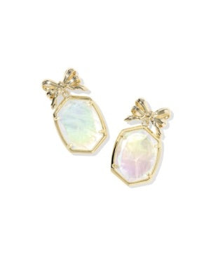 Daphne Bow Drop Earrings: Gold Iridescent Crystal Ivory Illusion