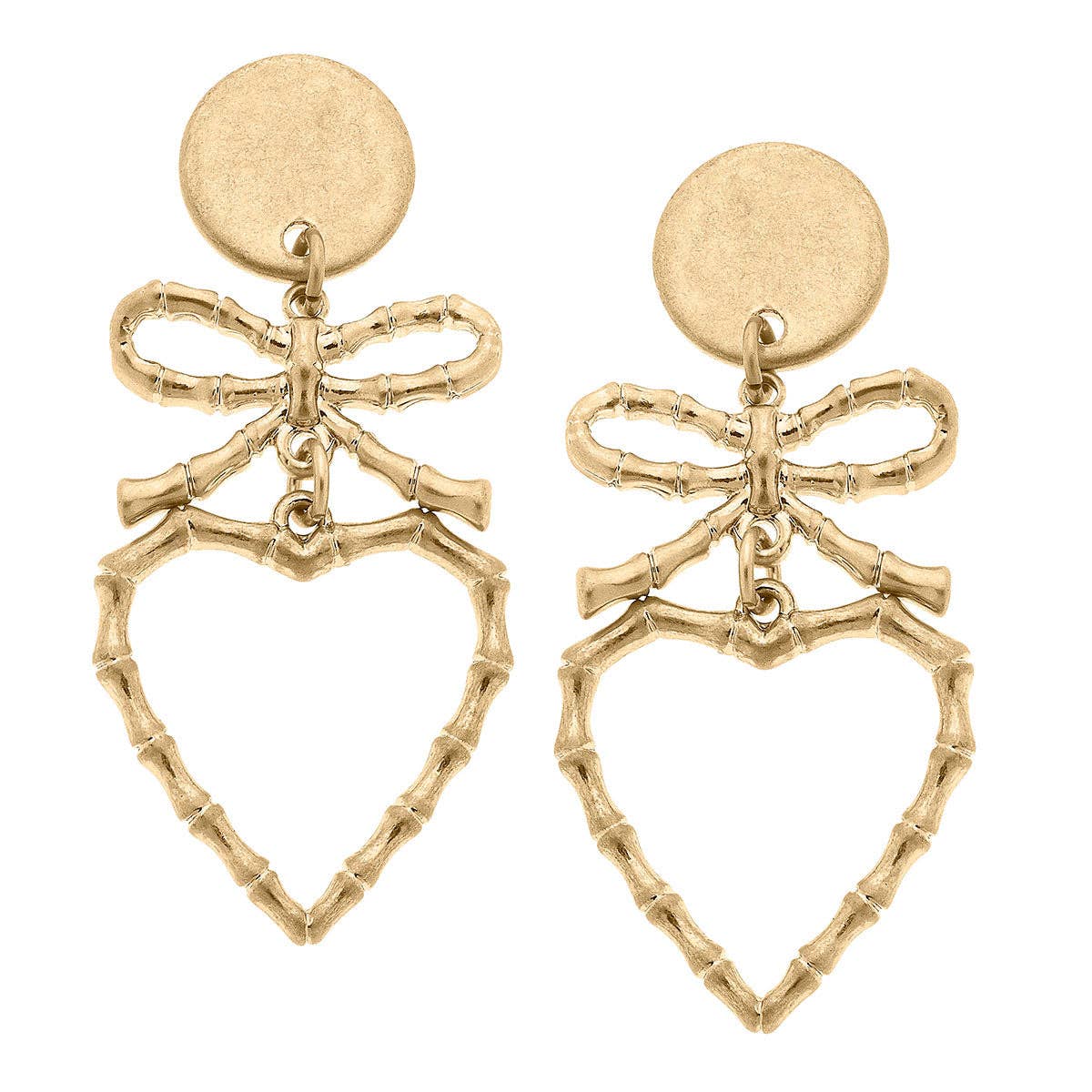 Avie Bamboo Heart & Bow Drop Earrings in Worn Gold
