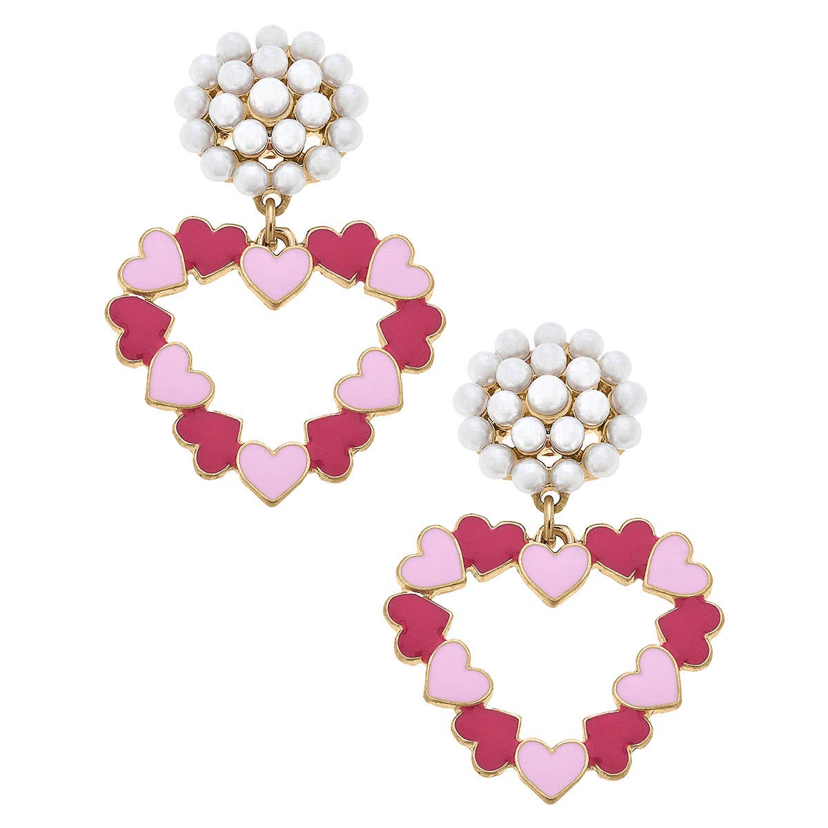 Love Heart-Shaped Enamel Drop Hoop Earrings in Pink &Fuchsia